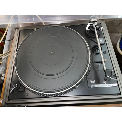 124 - DUAL 505 TURNTABLE, NAD SEPERATES, SOME LP RECORDS IN CABINET