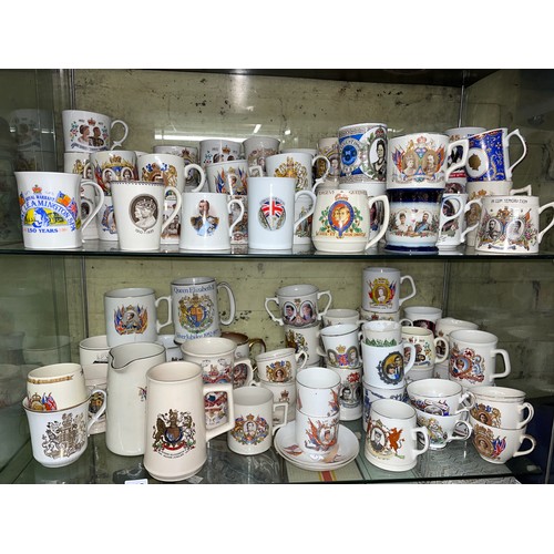 310 - TWO SHELVES OF ROYAL COMMEMORATIVE WARE, KING GEORGE V, QUEEN ELIZABETH II AND OTHERS