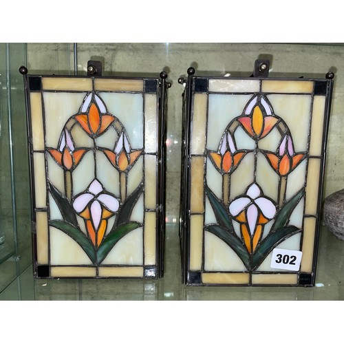 302 - PAIR OF SQUARE SECTION STAINED GLASS LAMP SHADES