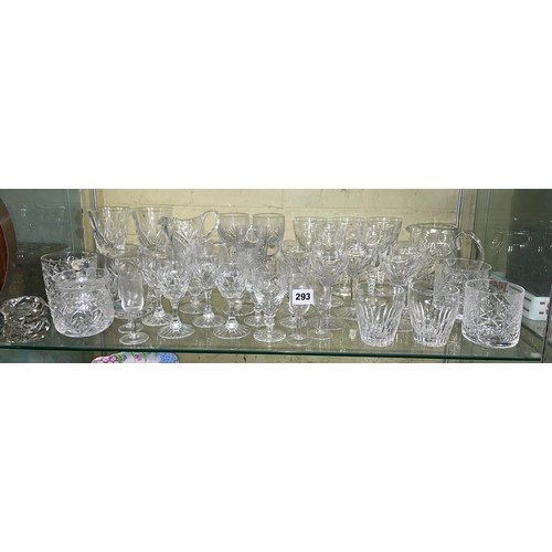 293 - SHELF OF GOOD QUALITY CUT AND ETCHED GLASSWARE INCLUDING TANKARDS, PRESERVE JAR AND COVER, TUMBLERS,... 