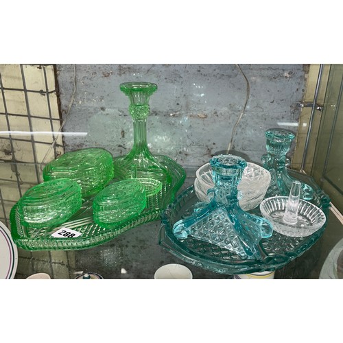 288 - GREEN AND AQUA PRESSED GLASS DRESSING TABLE SETS