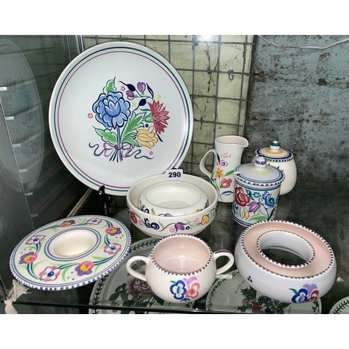 290 - SELECTION OF POOLE POTTERY BOWLS, PRESERVE JAR AND COVER, SUCRIER AND PLATE