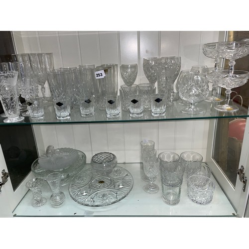 253 - TWO SHELVES OF ROYAL BRIERLEY AND OTHER CUT GLASSWARES