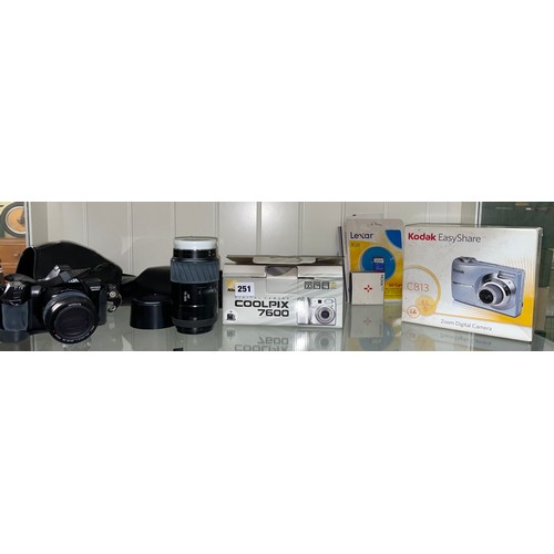 251 - MINOLTA DINAX 3000 CAMERA WITH LENSES, NIKON DIGITAL COOL PIX AND A KODAK ZOOM CAMERA