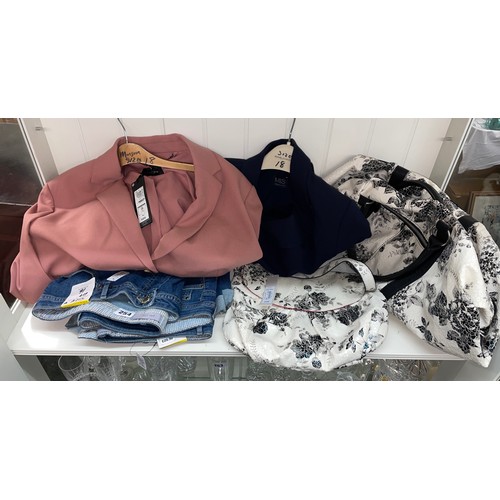 254 - LADIES CLOTHING, DENIM SHORTS, AUTOGRAPH JACKETS, AND A WHITE BAG SET