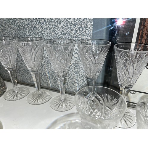 258 - SHELF OF GOOD QUALITY CUT GLASS TUMBLERS, WAISTED VASES, AND SHERRY GLASSES