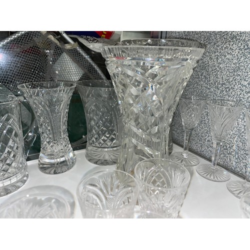 258 - SHELF OF GOOD QUALITY CUT GLASS TUMBLERS, WAISTED VASES, AND SHERRY GLASSES