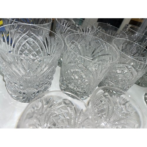 258 - SHELF OF GOOD QUALITY CUT GLASS TUMBLERS, WAISTED VASES, AND SHERRY GLASSES