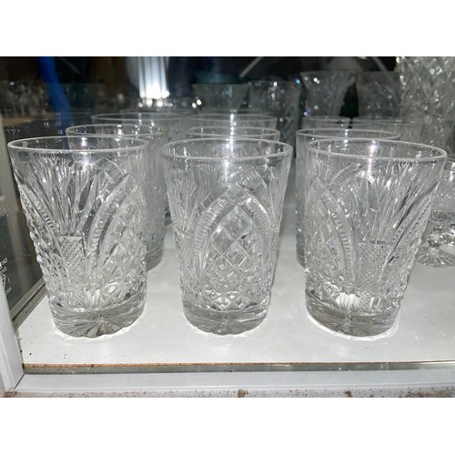 258 - SHELF OF GOOD QUALITY CUT GLASS TUMBLERS, WAISTED VASES, AND SHERRY GLASSES