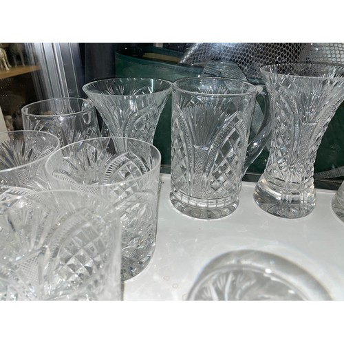 258 - SHELF OF GOOD QUALITY CUT GLASS TUMBLERS, WAISTED VASES, AND SHERRY GLASSES