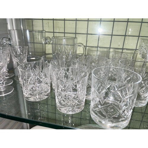 277 - SHELF OF GOOD QUALITY CUT GLASS TUMBLERS, TANKARDS, ICE PAIL