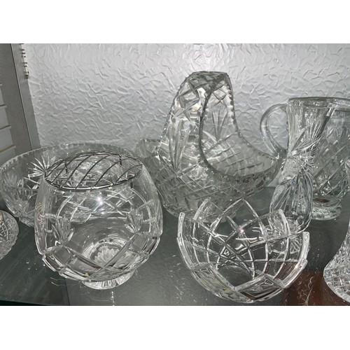 282 - SHELF OF CUT GLASS BOWLS, BASKET, ROSE BOWL