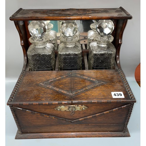 439 - OAK BEADED THREE BOTTLE DESK TANTALUS