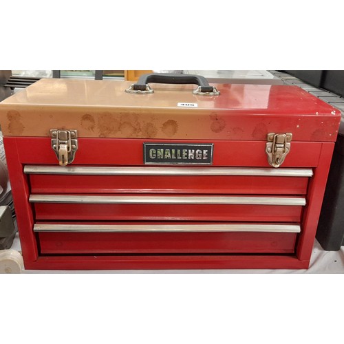 405 - CHALLENGE WORK TOP METAL TOOL CHEST INCLUDING SNAP ON ALLEN KEYS, SPANNERS, RATCHETS, AND OTHER TOOL... 