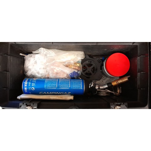 407 - WICKES TOOL BOX OF PLUMBING RELATED EQUIPTMENTS, PIPE BENDER, BLOW TORCH, ETC