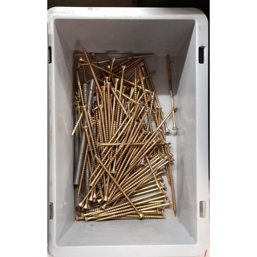 406 - PLASTIC TUB OF MASONARY AND WOOD DRILL BITS, PLASTIC TUB OF SCREWS, BUCKET OF SCREW DRIVERS AND IRON... 