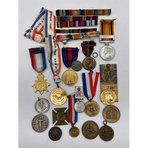 586 - SMALL BOX OF MEDALS AND MEDALLIONS, RIBBONS, AND BARS