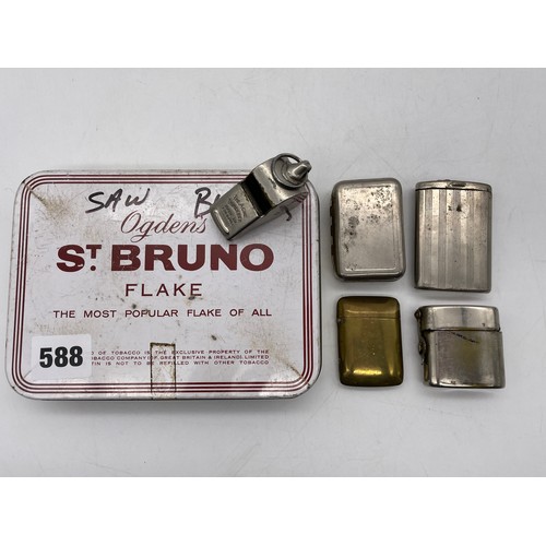 588 - TIN CONTAINING ACME THUNDERER WHISTLE, BASE METAL VESTA CASES, TRAVELLING INKWELL