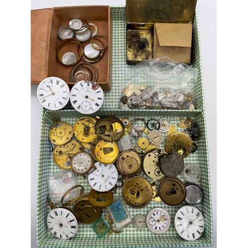 583 - TRAY OF POCKET WATCH MOVEMENTS AND FACES, SMALL BAG OF LADIES WRISTWATCH MOVEMENTS, AND RELATED PART... 