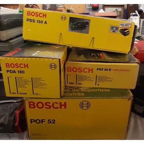 402 - BOSCH POF52 ROUTER, BOSCH PDA180 DELTA SANDER, BOSCH PSS ORBITAL SANDER, AND BOSCH PST50 JIGSAW