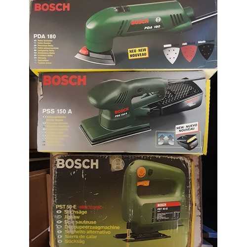 402 - BOSCH POF52 ROUTER, BOSCH PDA180 DELTA SANDER, BOSCH PSS ORBITAL SANDER, AND BOSCH PST50 JIGSAW