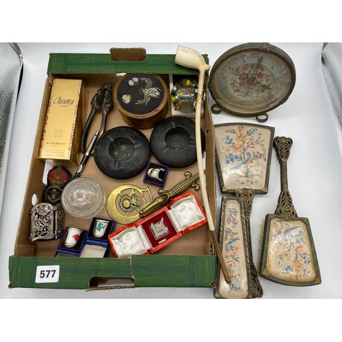 577 - TRAY CONTAINING MISCELLANEOUS ITEMS, CLAY CHURCH WARDEN PIPE, NEEDLE POINT BACKED DRESSING TABLE SET... 