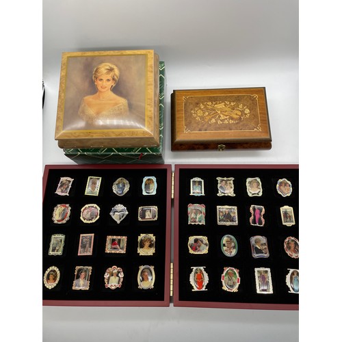 246 - CASED DIANA PIN BADGE COLLECTION AND MUSIC BOX