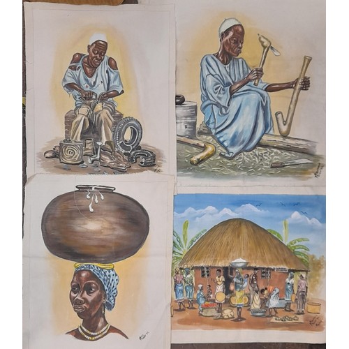 215 - SERIES OF UNFRAMED PAINTING DEPICTING AFRICAN TRIBES AND INDIVIDUALS BY RAYMOND M POTA