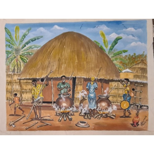 215 - SERIES OF UNFRAMED PAINTING DEPICTING AFRICAN TRIBES AND INDIVIDUALS BY RAYMOND M POTA