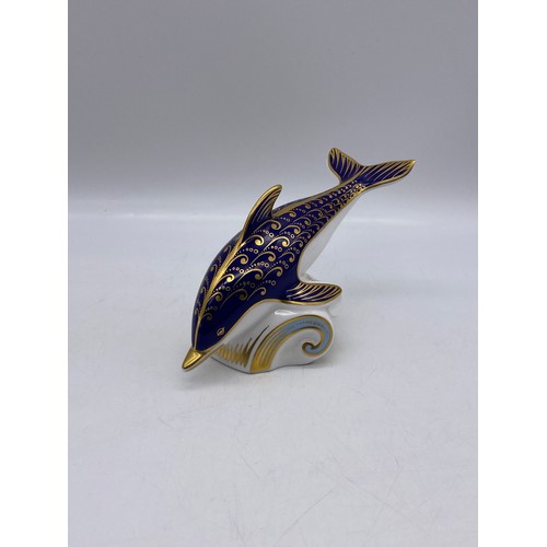 482 - ROYAL CROWN DERBY BLUE GILT DOLPHIN PAPER WEIGHT WITH GOLD SEAL STOPPER