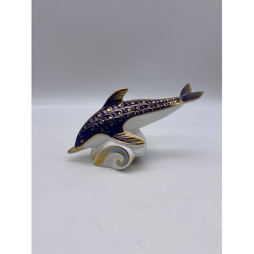 482 - ROYAL CROWN DERBY BLUE GILT DOLPHIN PAPER WEIGHT WITH GOLD SEAL STOPPER