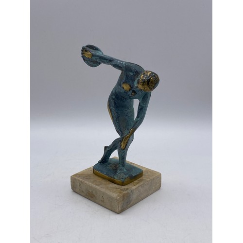 547 - BRONZE VERDIGRIS MODEL OF THE DISCUS THROWER AFTER THE ANTIQUE