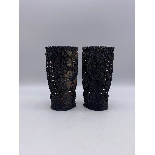 546 - PAIR OF CARVED DRAGON SOAP STONE COMPRESSED VASES