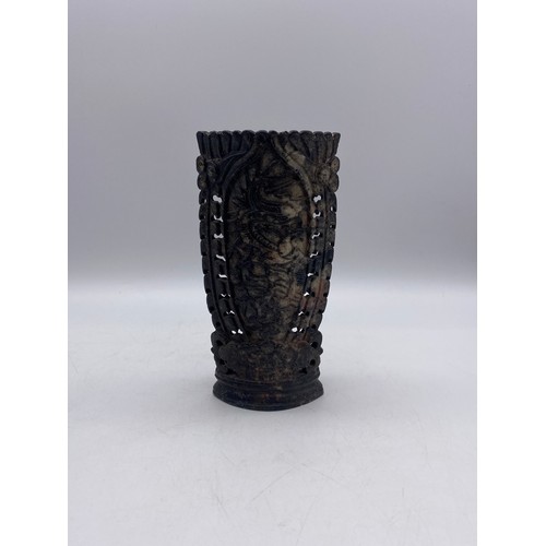 546 - PAIR OF CARVED DRAGON SOAP STONE COMPRESSED VASES