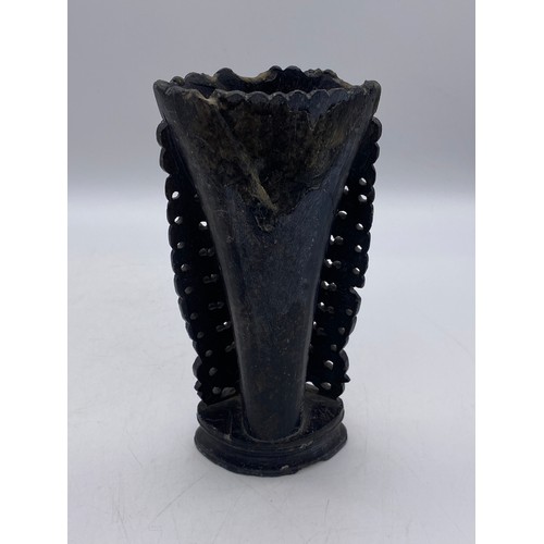 546 - PAIR OF CARVED DRAGON SOAP STONE COMPRESSED VASES