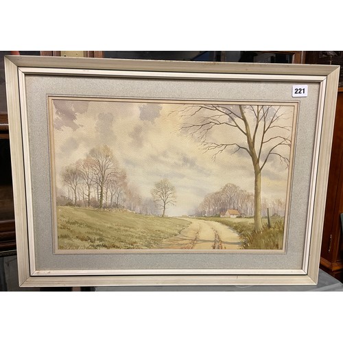 242 - T.CAIN WATER COLOUR ENTITLED WINTER FARM FRAMED AND GLAZED 50CM X 32CM