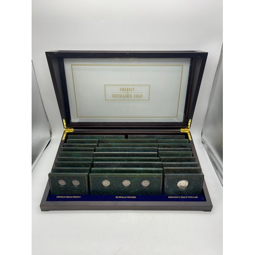 635 - GLAZED PRESENTATION CASE OF COLLECTIBLE COINS OF AMERICA MOUNTED IN SLATE EFFECT SLABS