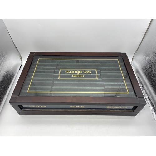 635 - GLAZED PRESENTATION CASE OF COLLECTIBLE COINS OF AMERICA MOUNTED IN SLATE EFFECT SLABS