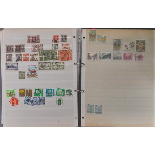 507 - ALBUMS OF WORLD AND COMMONWEALTH COLONY POSTAGE STAMPS AND SHOE BOX OF CARDS OF STAMPS