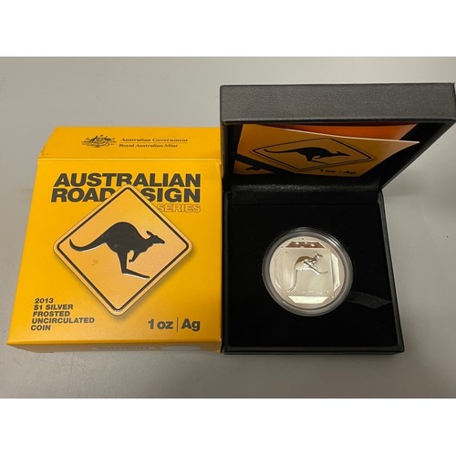 628 - BOXED 2013 AUSTRALIAN ROAD SIGN SERIES ONE DOLLAR SILVER FROSTED UNCIRCULATED COIN