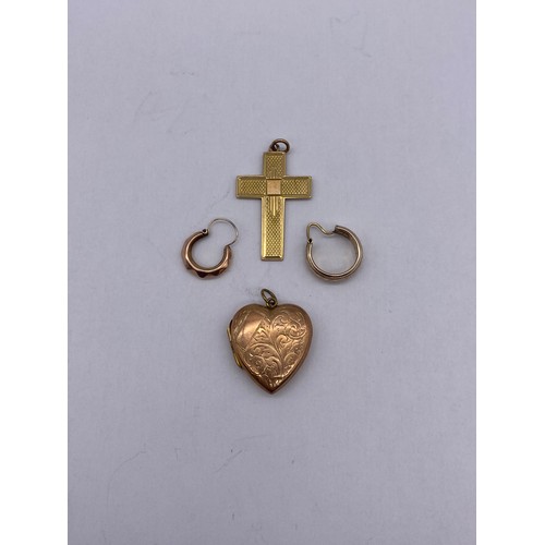 493 - 9CT GOLD CROSS AND TWO SINGLE EARRINGS 4G APPROX, 9CT ROSE GOLD BACK AND FRONT HEART LOCKET