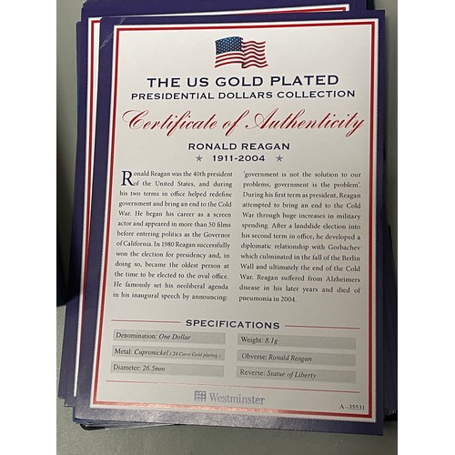 629 - WESTMINSTER MINT GOLD PLATED PRESIDENTIAL ONE DOLLAR COLLECTION (ONE MISSING) WITH CERTIFICATIONS