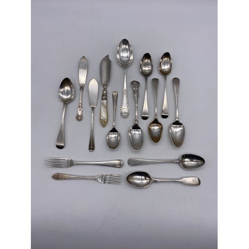 470 - SELECTION OF SILVER TEASPOONS, DESSERT FORKS, AND PRESERVE KNIVES INCLUDING GEORGIAN EXAMPLES, AND V... 