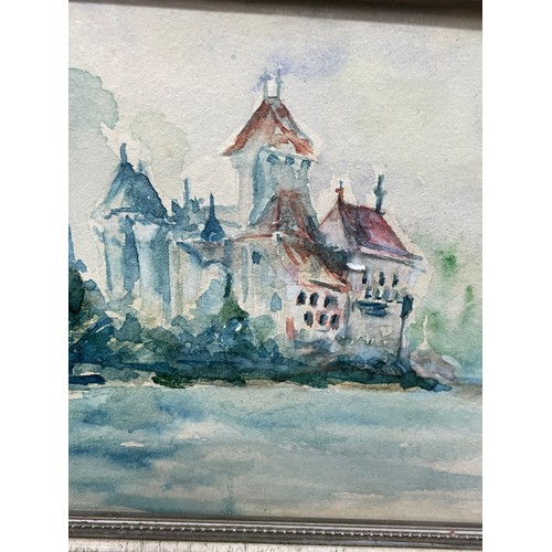 213 - P. JOST WATER COLOUR OF A GARDEN POND AND A CHATEAU FRAMED AND GLAZED 25CM X 15CM, 12CM X 17CM