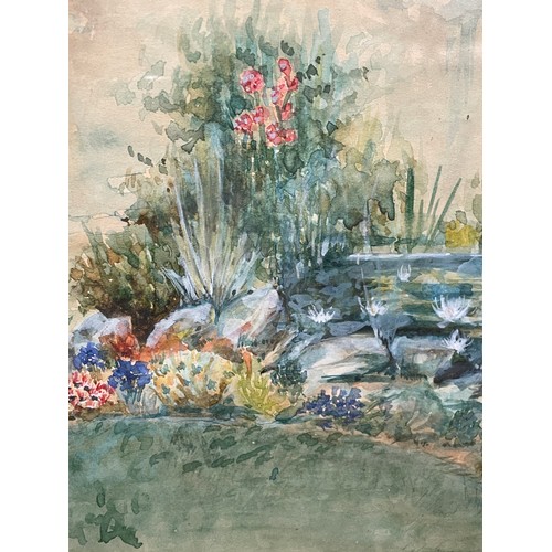 213 - P. JOST WATER COLOUR OF A GARDEN POND AND A CHATEAU FRAMED AND GLAZED 25CM X 15CM, 12CM X 17CM