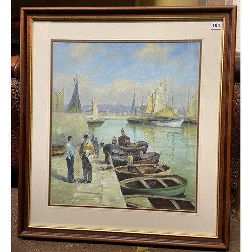 194 - 20TH CENTURY CONTINENTAL SCHOOL OILS ON BOARD FIGURES AND BOATS IN A HARBOUR FRAMED AND GLAZED