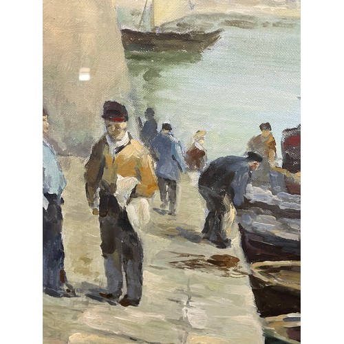 194 - 20TH CENTURY CONTINENTAL SCHOOL OILS ON BOARD FIGURES AND BOATS IN A HARBOUR FRAMED AND GLAZED