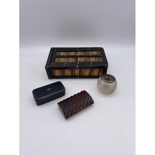 462 - 19TH CENTURY PORCUPINE QUILL BOX, PAPIER MACHE SNUFF BOX, SILVER RIMMED GLASS MATCH STRIKER, AND HAR... 