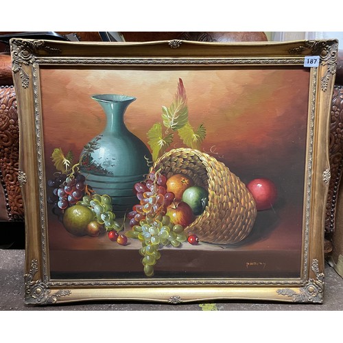 187 - 20TH CENTURY OIL ON CANVAS STILL LIFE BASKET OF GRAPES AND FRUIT AND VASE IN GILT FRAME 59CM X 49CM ... 