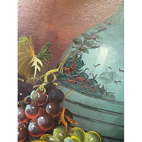 187 - 20TH CENTURY OIL ON CANVAS STILL LIFE BASKET OF GRAPES AND FRUIT AND VASE IN GILT FRAME 59CM X 49CM ... 